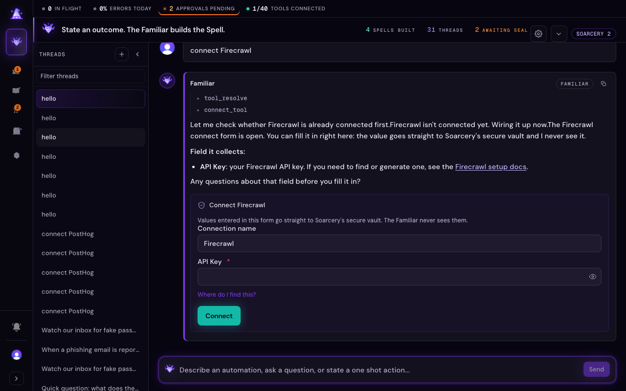 A credential connect form open inside a Familiar conversation, showing masked secret fields, per-field help links, a vault trust note, and a Connect button.