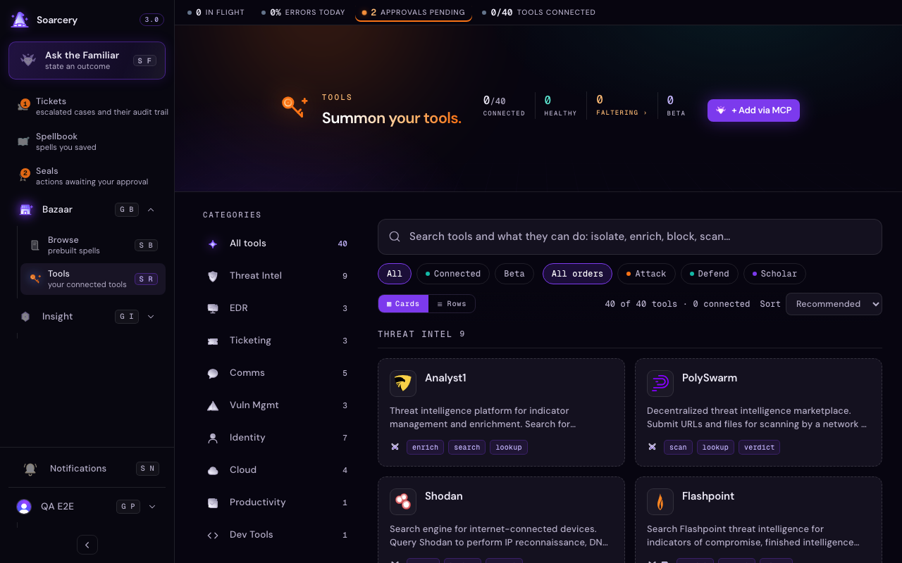 The Tools surface showing connected tools with a Connected status and health indicators, next to catalog entries you can connect.