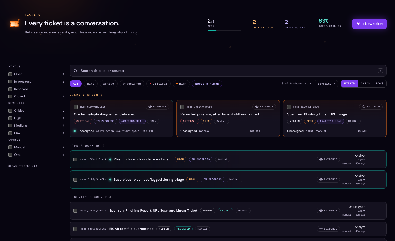 The Soarcery case queue: open investigations listed with status and severity, demo data